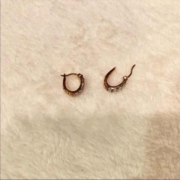 Gold Tone & Rhinestone Small Hoop Latch Back Earrings - Picture 8 of 9